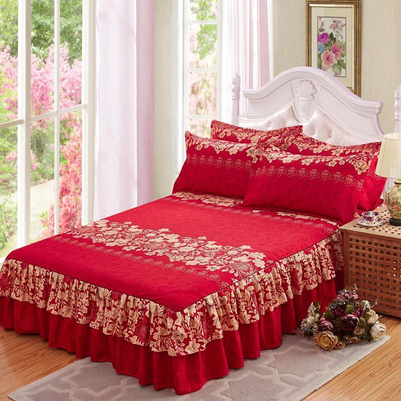 HKM-832979 Cotton Floral Bed Skirt with Matching Pillowcases – Available in Multiple Sizes