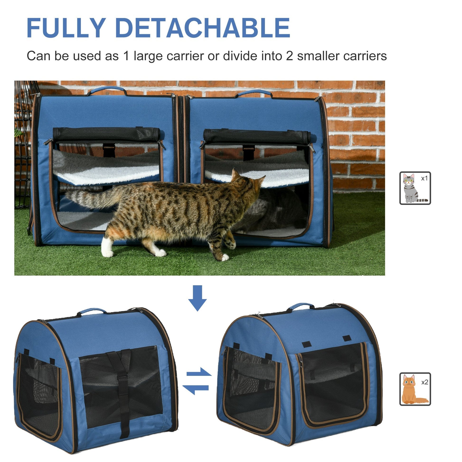 HKM-8330301 Portable Blue Soft-Sided Cat Carrier with Divider, Hammocks, Cushions & Easy Storage for Travel
