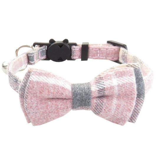 HKM-833043 Adjustable Plaid Cat Collar with Bow Tie and Bandana Scarf - Breakaway Design for Comfort and Safety