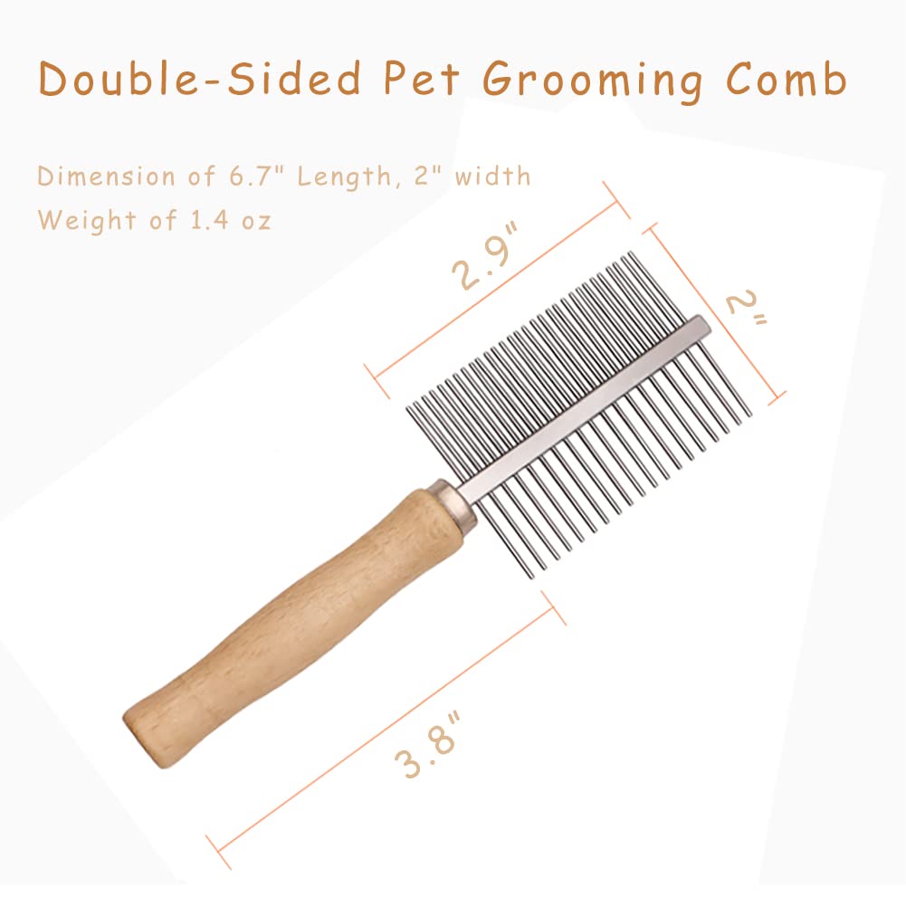 HKM-8331325 Double-Sided Pet Grooming Brush with Wooden Handle and Stainless Steel Teeth for Removing Mats and Tangles
