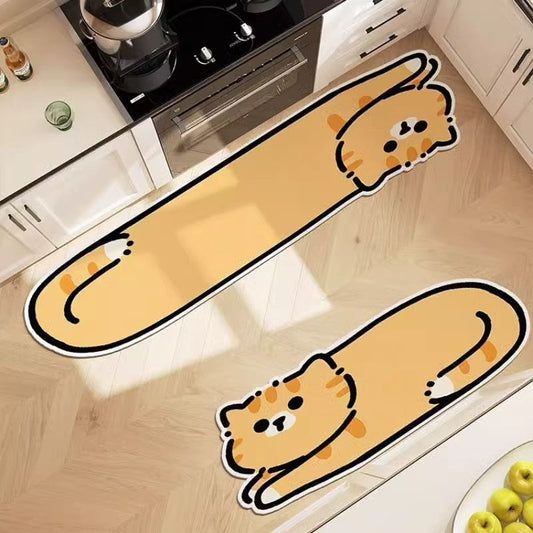 HKM-833555 Cute Lying Cat Diatom Oil Absorbent Non-Slip Mat for Hallway and Kitchen, Various Sizes