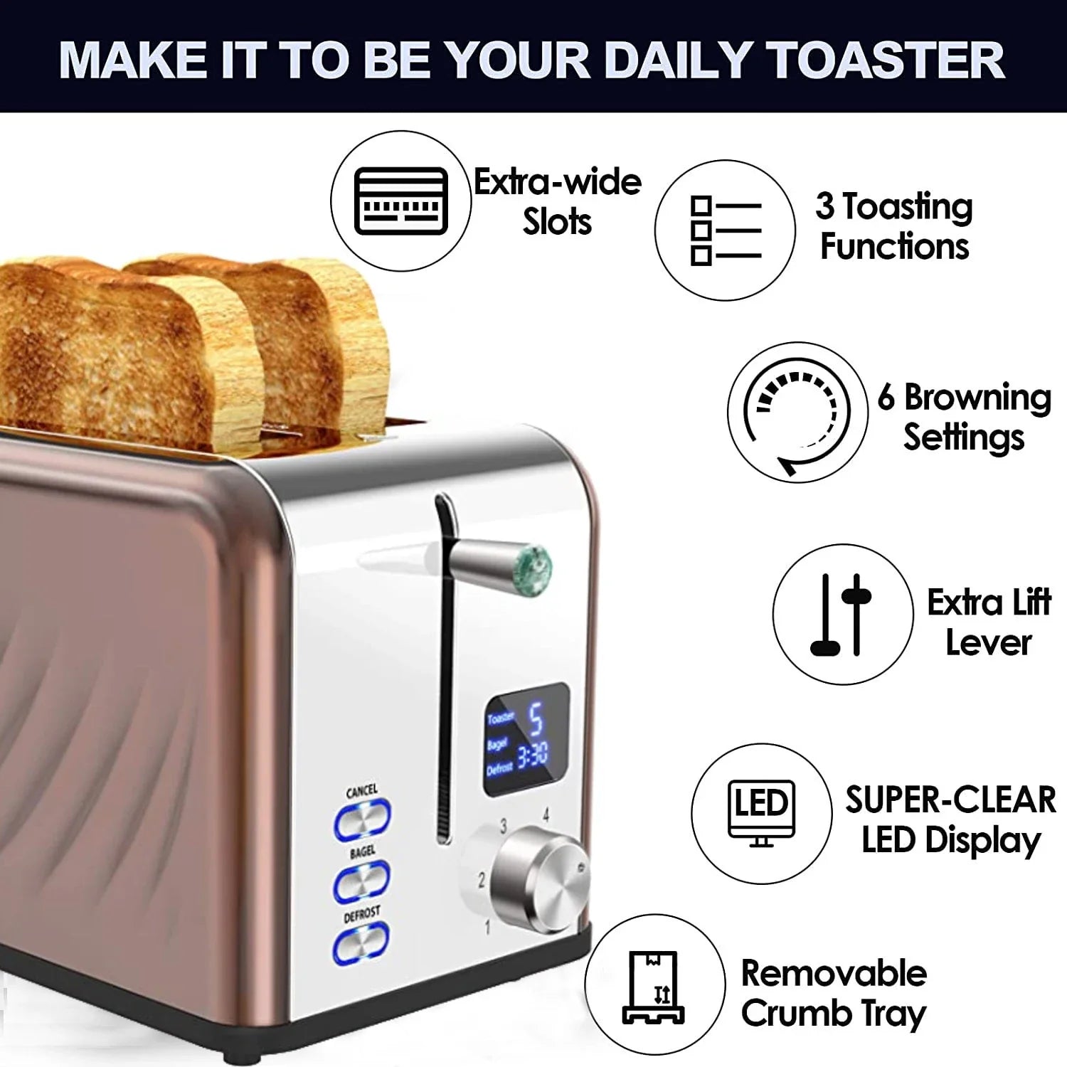 HKM-833555 Stainless Steel Electric 2-Slice Bread Toaster with LED Display