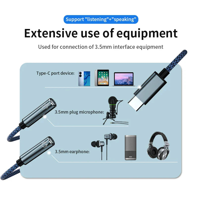 HKM-833555 USB C to 3.5mm AUX Audio Splitter Cable for Headphone and Microphone Compatibility