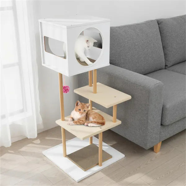 HKM-8339261 Multi-Level Indoor Cat Tree with Dual-Door Condo and Scratching Pads