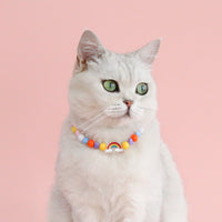 HKM-8341565 Colorful Pearl Pet Necklace with Small Flower Design - Rainbow & Peach Beads, XS/S Sizes