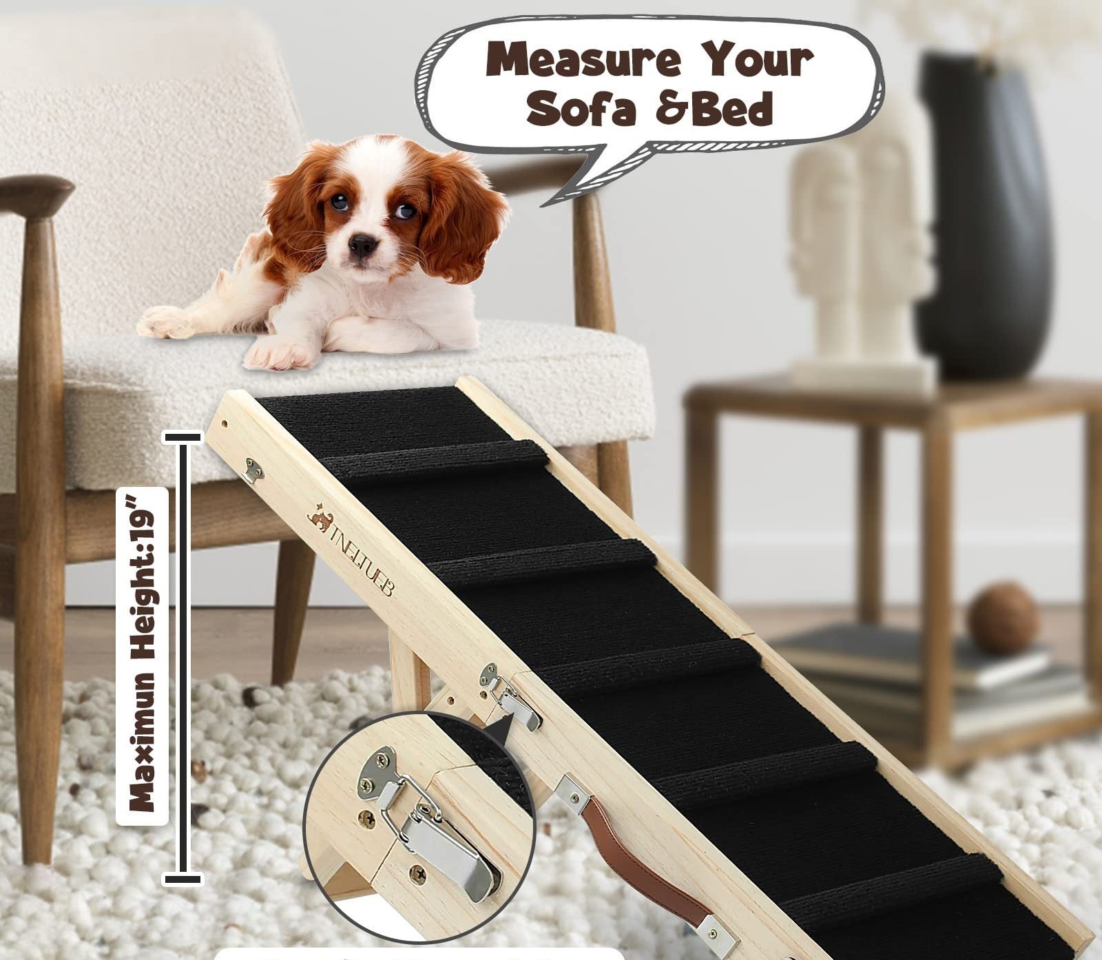 HKM-8343741 Wooden Adjustable Dog Ladder - Foldable, Non-slip Pet Ramp