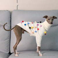 HKM-8345021 Cozy White Pom Pom Sweater for Italian Greyhounds and Whippets, Unisex Sizes S-3XL