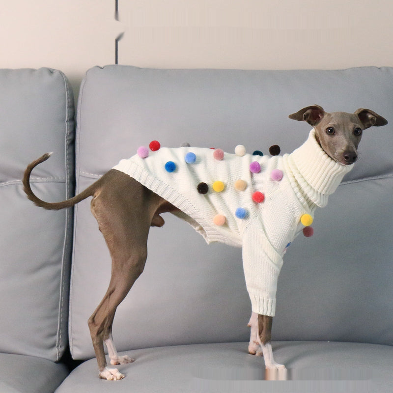 HKM-8345021 Cozy White Pom Pom Sweater for Italian Greyhounds and Whippets, Unisex Sizes S-3XL