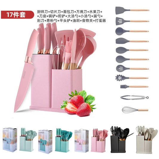 HKM-834515 19-Piece Heat Resistant Non-Stick Silicone Kitchenware Set with Utensil Holder