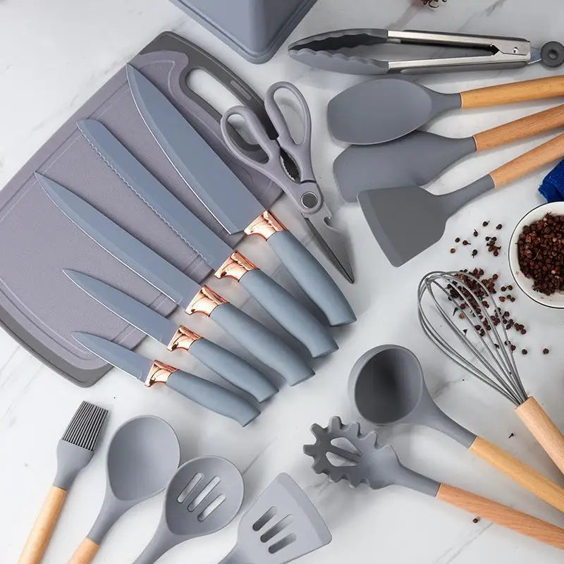 HKM-834515 19-Piece Heat Resistant Non-Stick Silicone Kitchenware Set with Utensil Holder