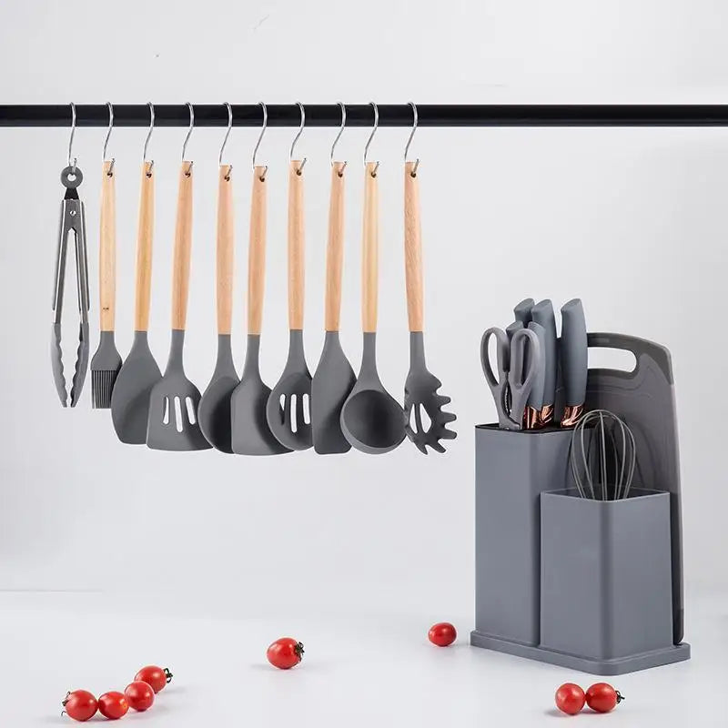 HKM-834515 19-Piece Heat Resistant Non-Stick Silicone Kitchenware Set with Utensil Holder