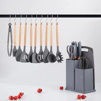 HKM-834515 19-Piece Heat Resistant Non-Stick Silicone Kitchenware Set with Utensil Holder