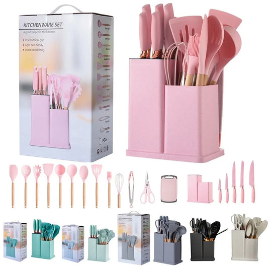 HKM-834515 19-Piece Heat Resistant Non-Stick Silicone Kitchenware Set with Utensil Holder