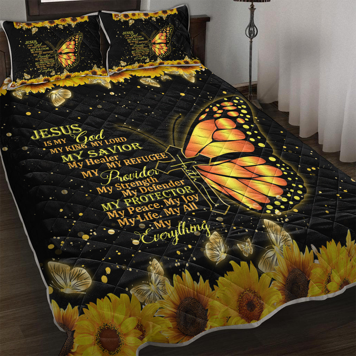 HKM-834643 3-Piece Butterfly and Sunflower Pattern Quilt Set with Pillowcases, Multiple Sizes Available