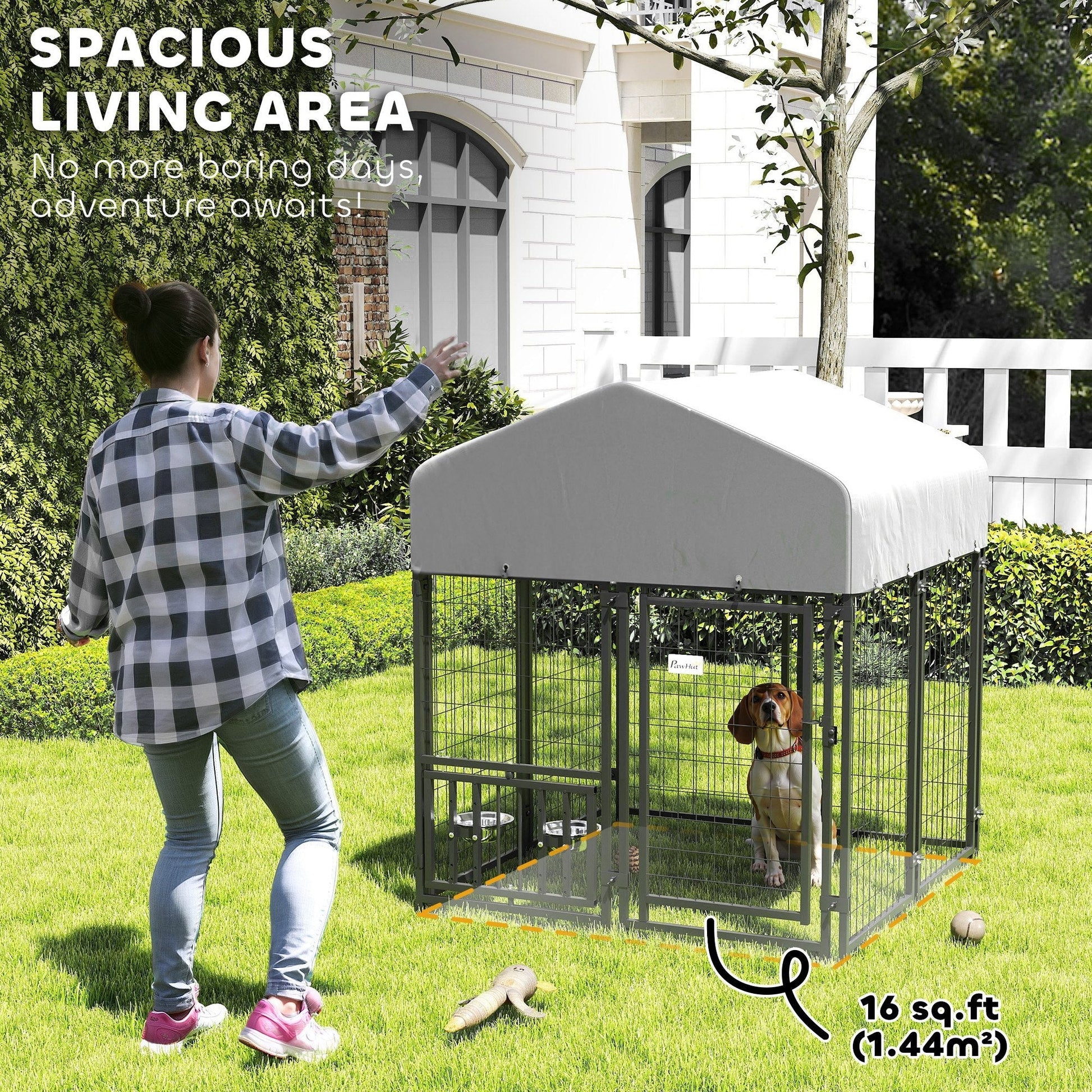HKM-8348989 Outdoor Dog Kennel with Adjustable Bowl Racks and Waterproof Cover, 3.9' x 3.9' x 4.5'