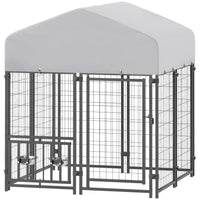 HKM-8348989 Outdoor Dog Kennel with Adjustable Bowl Racks and Waterproof Cover, 3.9' x 3.9' x 4.5'