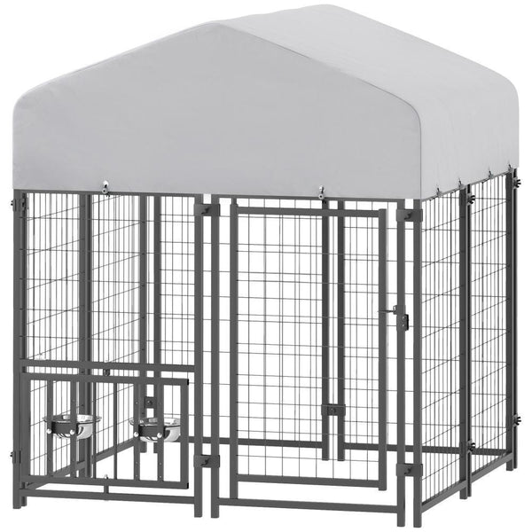HKM-8348989 Outdoor Dog Kennel with Adjustable Bowl Racks and Waterproof Cover, 3.9' x 3.9' x 4.5'