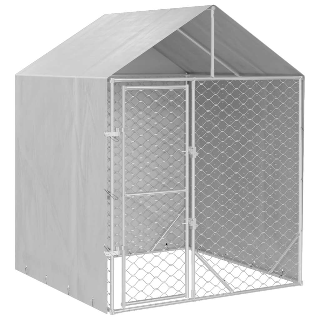 HKM-8350397 Spacious Outdoor Dog Kennel with Roof, Galvanized Steel, Silver, 2x2x2.5 m