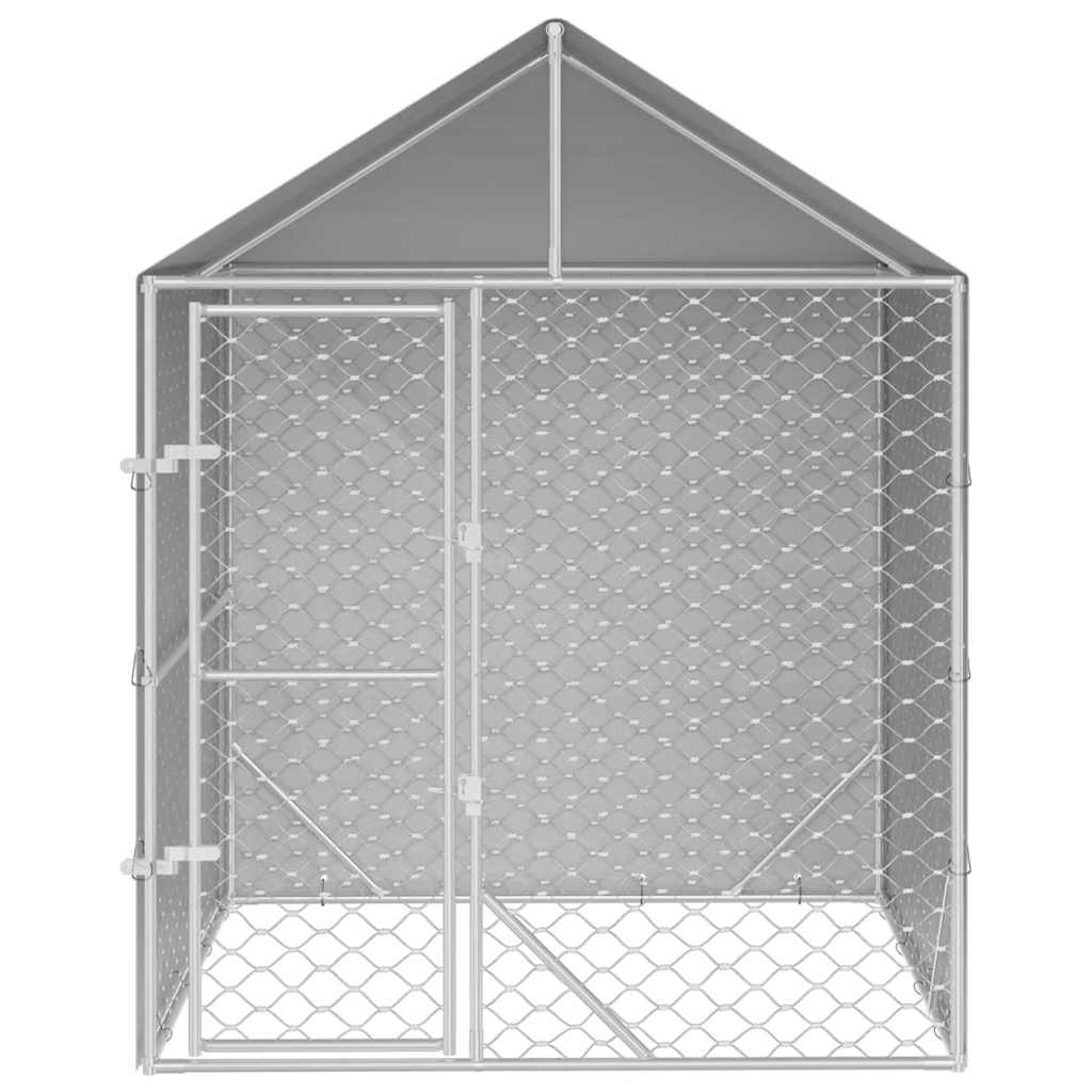 HKM-8350397 Spacious Outdoor Dog Kennel with Roof, Galvanized Steel, Silver, 2x2x2.5 m