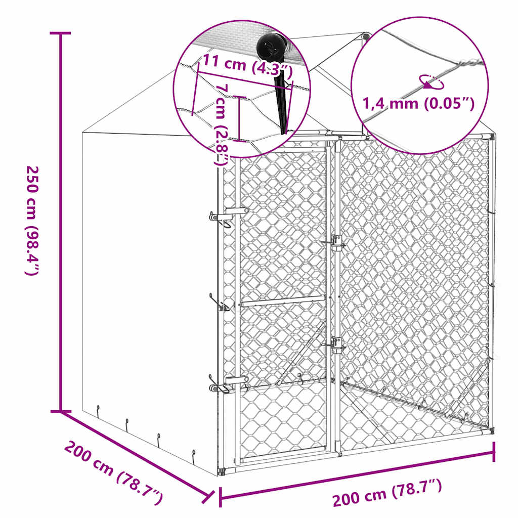 HKM-8350397 Spacious Outdoor Dog Kennel with Roof, Galvanized Steel, Silver, 2x2x2.5 m