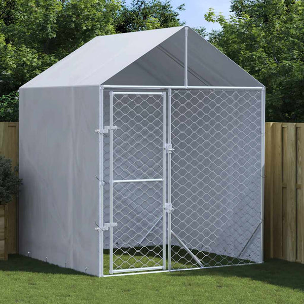 HKM-8350397 Spacious Outdoor Dog Kennel with Roof, Galvanized Steel, Silver, 2x2x2.5 m