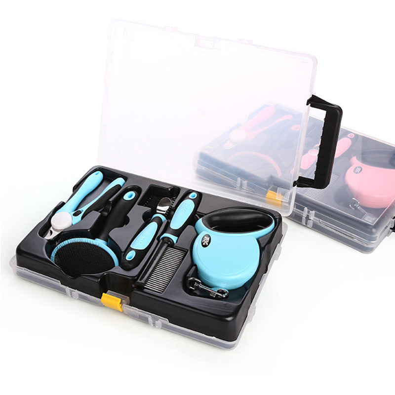 HKM-8350909 Complete Pet Grooming Kit with Nail Clippers, Traction Rope, and Combs in Blue and Pink