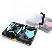 HKM-8350909 Complete Pet Grooming Kit with Nail Clippers, Traction Rope, and Combs in Blue and Pink
