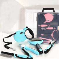 HKM-8350909 Complete Pet Grooming Kit with Nail Clippers, Traction Rope, and Combs in Blue and Pink