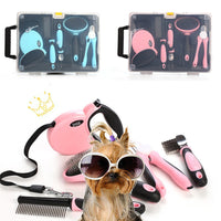 HKM-8350909 Complete Pet Grooming Kit with Nail Clippers, Traction Rope, and Combs in Blue and Pink