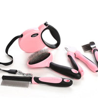 HKM-8350909 Complete Pet Grooming Kit with Nail Clippers, Traction Rope, and Combs in Blue and Pink
