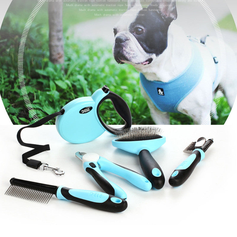 HKM-8350909 Complete Pet Grooming Kit with Nail Clippers, Traction Rope, and Combs in Blue and Pink