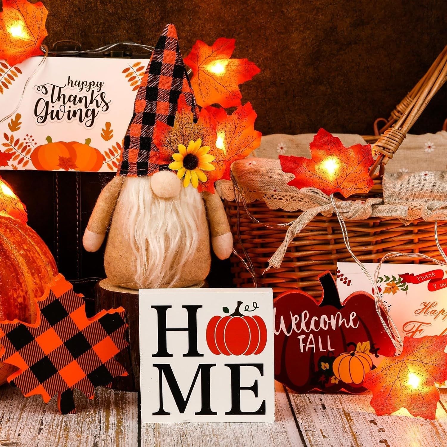 HKM-835091 Autumn Gnome Tiered Tray Decoration Set with Maple Leaf Lights and Greeting Cards