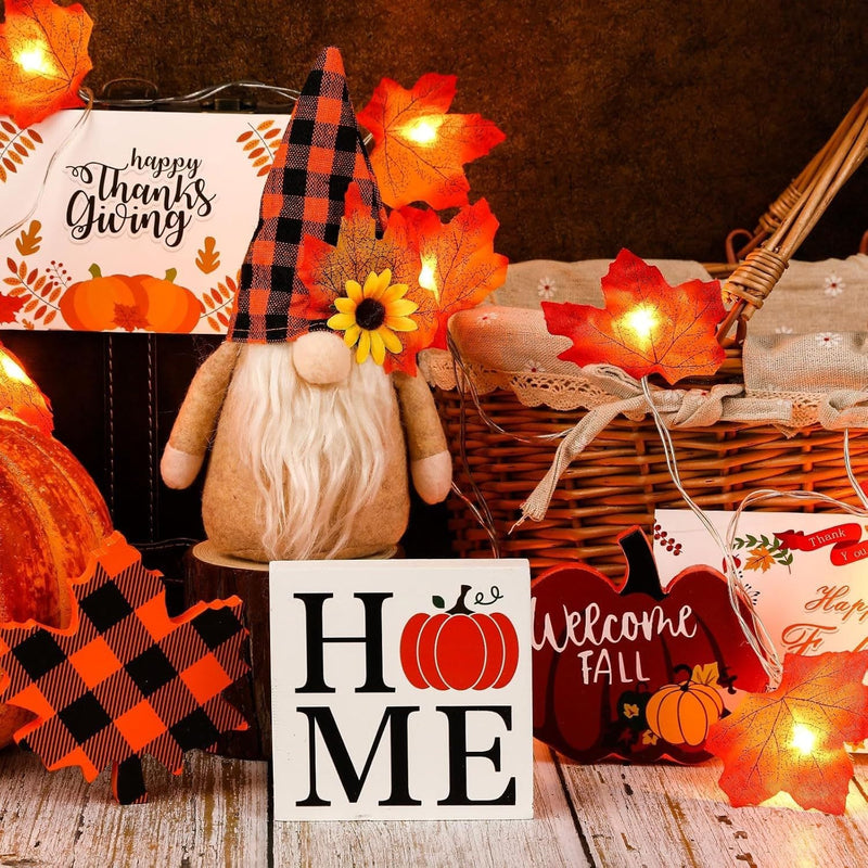 HKM-835091 Autumn Gnome Tiered Tray Decoration Set with Maple Leaf Lights and Greeting Cards