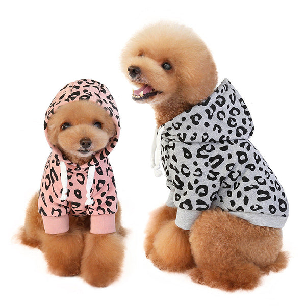 HKM-8356157 Leopard Print Hooded Pet Sweatshirt for Dogs, Soft Polyester in Gray and Pink, Sizes S-XXL