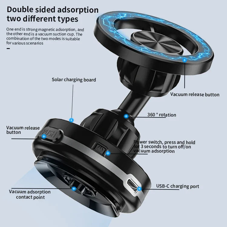 HKM-835859 Universal 360-Degree Rotation Solar-Powered Car Phone Holder with Vacuum Suction Cup and Magnetic Mount