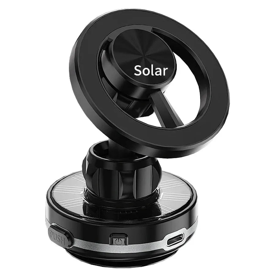 HKM-835859 Universal 360-Degree Rotation Solar-Powered Car Phone Holder with Vacuum Suction Cup and Magnetic Mount