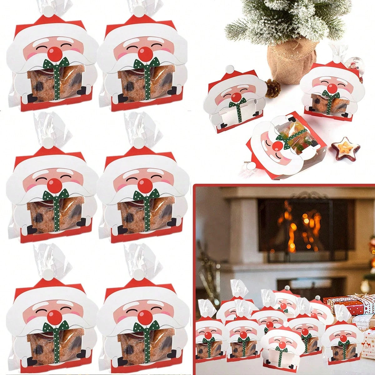 HKM-835923 Mini Christmas Treat Boxes with Santa Claus Design - 8 Pcs Gift Set with Cellophane Bags and Twist Ties for Holiday Party Supplies