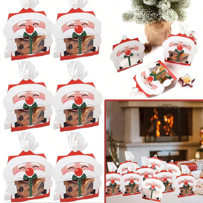 HKM-835923 Mini Christmas Treat Boxes with Santa Claus Design - 8 Pcs Gift Set with Cellophane Bags and Twist Ties for Holiday Party Supplies