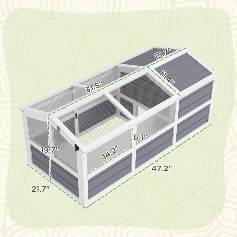 HKM-8360509 Wooden Tortoise Habitat with Bottomless Design, Doors, and Sun Panel Windows for Small Animals and Rabbits, Light Gray