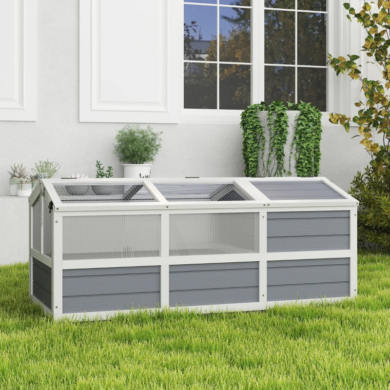 HKM-8360509 Wooden Tortoise Habitat with Bottomless Design, Doors, and Sun Panel Windows for Small Animals and Rabbits, Light Gray