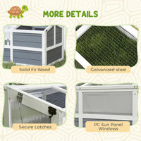 HKM-8360509 Wooden Tortoise Habitat with Bottomless Design, Doors, and Sun Panel Windows for Small Animals and Rabbits, Light Gray