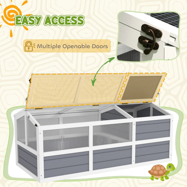 HKM-8360509 Wooden Tortoise Habitat with Bottomless Design, Doors, and Sun Panel Windows for Small Animals and Rabbits, Light Gray