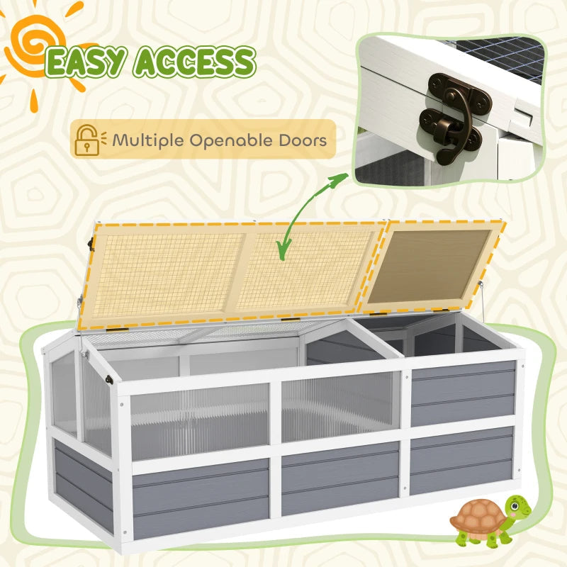HKM-8360509 Wooden Tortoise Habitat with Bottomless Design, Doors, and Sun Panel Windows for Small Animals and Rabbits, Light Gray
