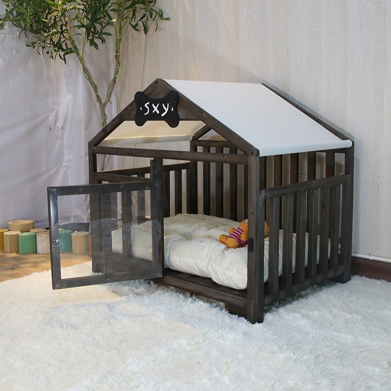 HKM-8360893 Removable and Washable Wood Dog House for Cats and Small Dogs - Walnut and White