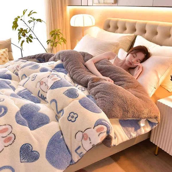 HKM-836115 Cozy Warm Lamb Wool Winter Blanket for One Person - Thick Polyester Fill Quilt