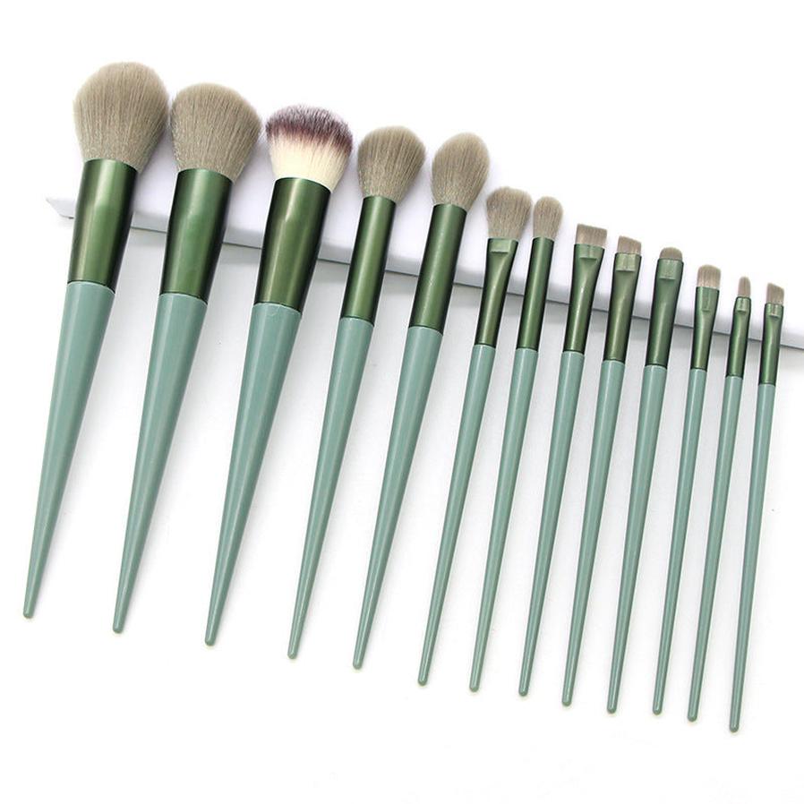 HKM-836179 13 Four Seasons Green Makeup Brush Set with Man-Made Fiber Wool and Plastic Handle