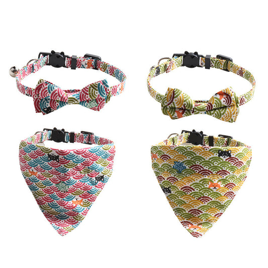 HKM-8364221 Japanese Style Cat Collar with Tang Grass Pattern and Bow Scarf Set