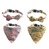 HKM-8364221 Japanese Style Cat Collar with Tang Grass Pattern and Bow Scarf Set