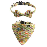 HKM-8364221 Japanese Style Cat Collar with Tang Grass Pattern and Bow Scarf Set
