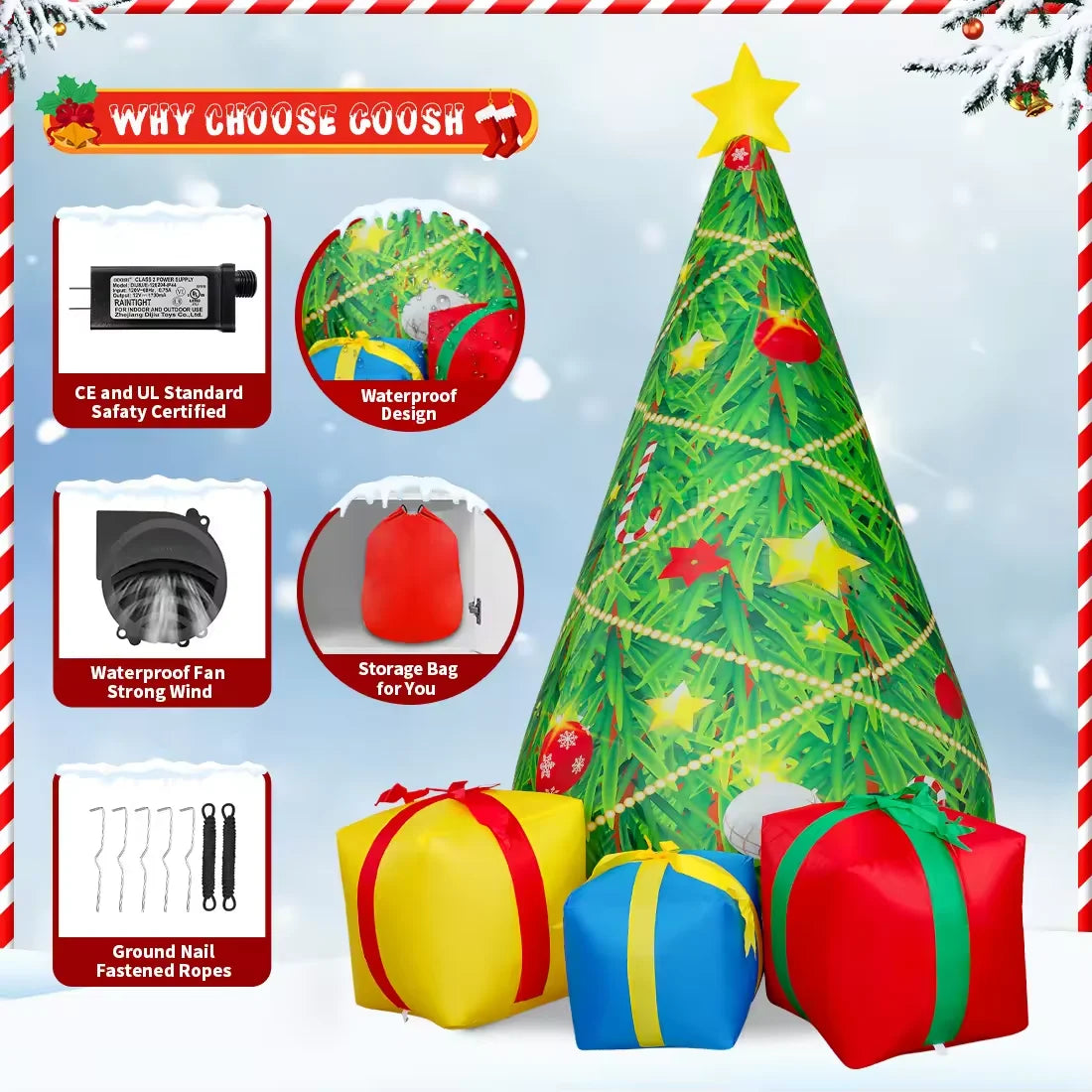 HKM-836563 7 FT Inflatable Christmas Tree with LED Lights for Outdoor Holiday Decoration